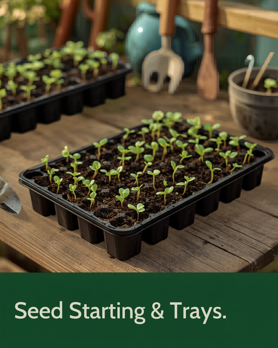 Seed starter trays with young green seedlings in a greenhouse - Green Oasis
