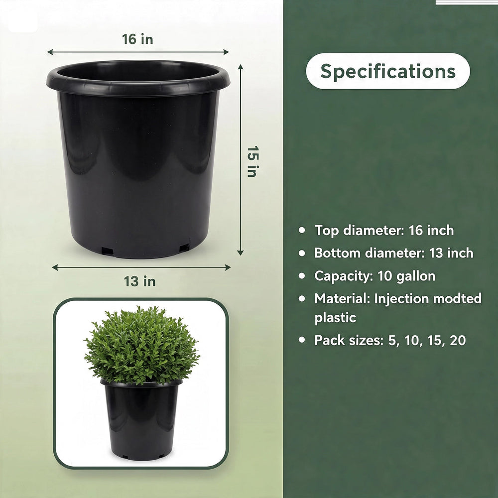 10 Gallon Nursery Pots - Premium Black Plastic Plant Pots, Commercial Grade with Drainage Holes - Green Oasis