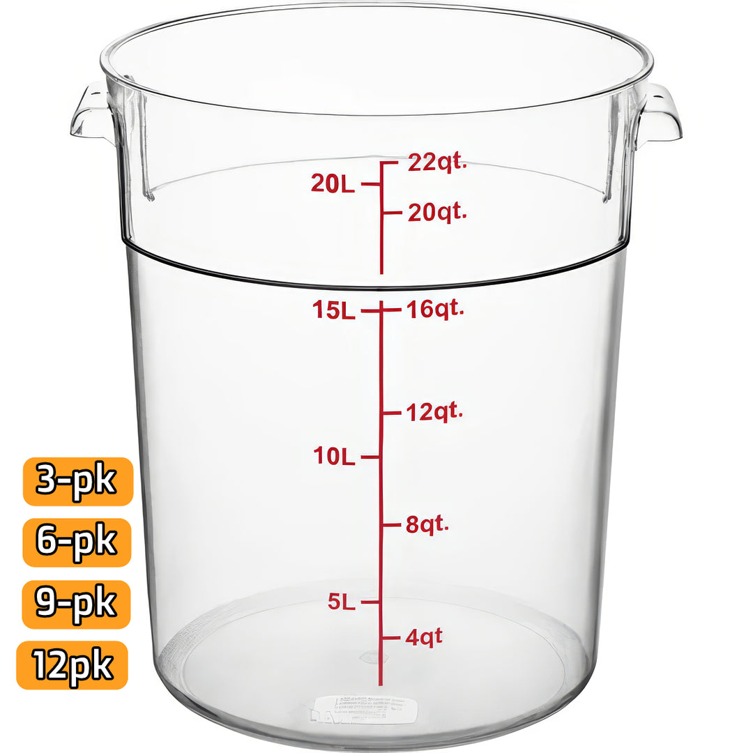 22 Qt Commercial Food Storage Container w/ Lid Set - CLEAR Round Polycarbonate, NSF for Kitchen Organization