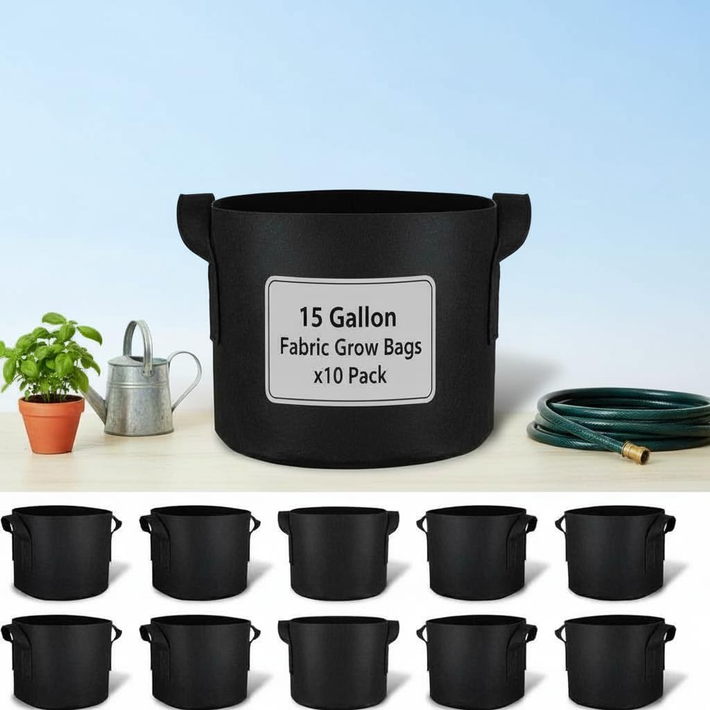 15 gallon grow bags in outdoor garden setting – Green Oasis fabric pots