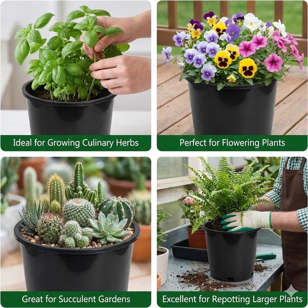 3-gallon nursery pot with herbs and starter plants growing
